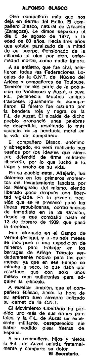 Necrològica d'Alfonso Blasco Aranda apareguda en el periòdic tolosà "Espoir" del 16 d'octubre de 1977
