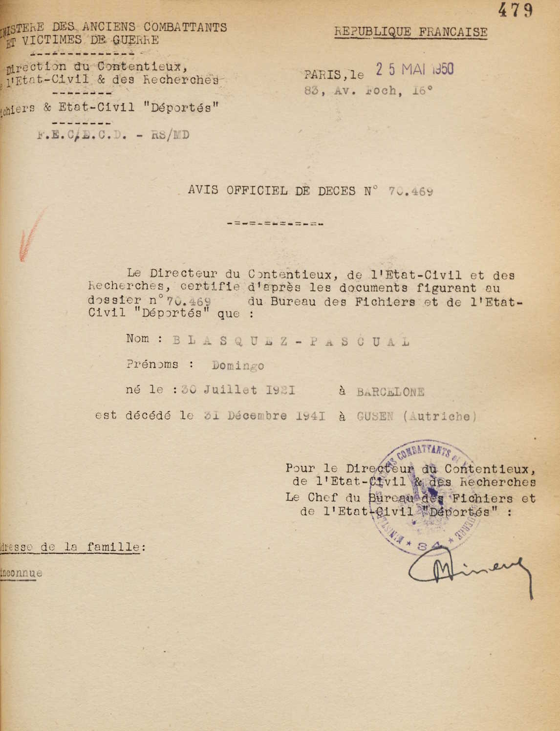 Certificat de defunció de Domingo Blázquez Pascual