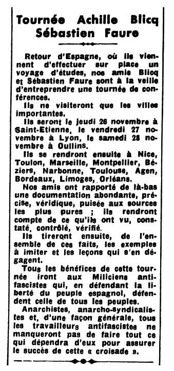 Notícia sobre la gira d'Achille Blicq i Sébastien Faure publicada en el periòdic parisenc "L'Espagne Antifasciste" del 21 de novembre de 1936