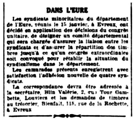 Notícia orgànica de Valérie Blin apareguda en el periòdic parisenc "La Vie Ouvrière" del 20 de gener de 1922