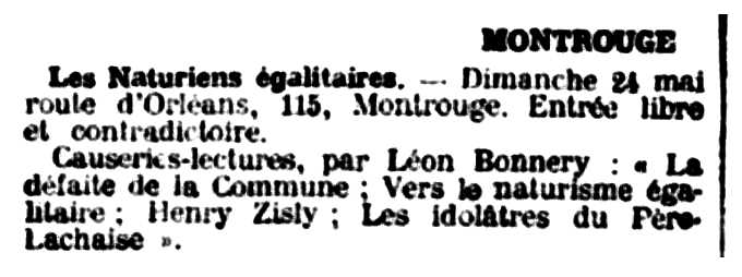 Notícia d'una xerrada de Léon Bonnery apareguda en el periòdic parisenc "Le Libertaire" del 23 de maig de 1914