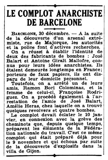 Notícia de la detenció de Ramon Bori Corominas apareguda en el diari parisenc "Excelsior" del 31 de desembre de 1932
