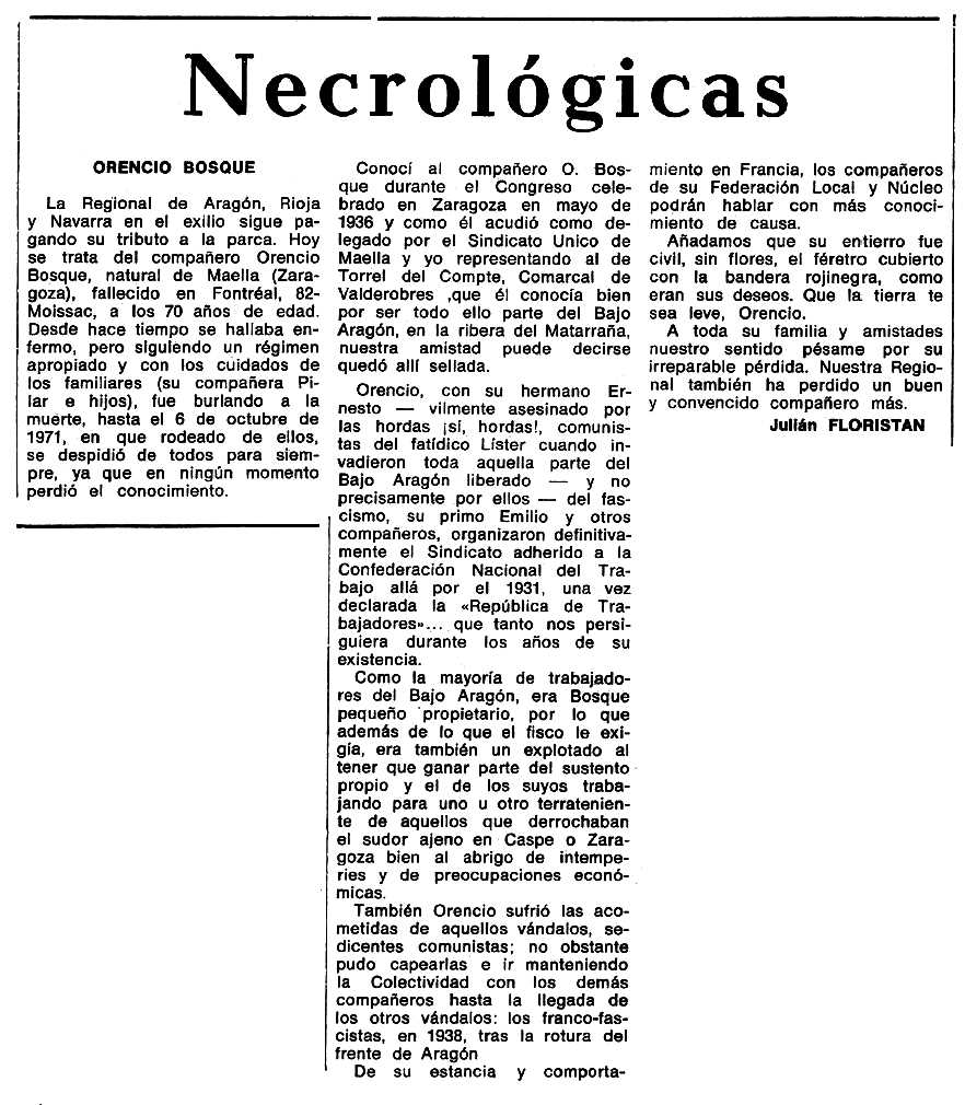 Necrològica d'Orencio Bosque Andrés apareguda en el periòdic tolosà "Espoir" del 12 de desembre de 1971