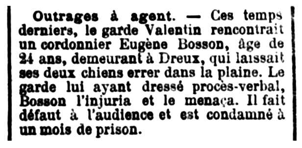 Notícia de la condemna d'Eugène Bosson apareguda en el diari de Chartres "La Dépêche d'Eure-et-Loir" del 14 de juliol de 1904