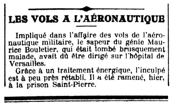 Notícia del processament de Maurice Bouletier apareguda en el diari parisenc "Le Petit Parisien" del 29 de març de 1913