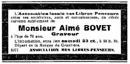 Esquela d'Aimé Bovet apareguda en el diari de La Chaux-de-Fonds "La Sentinelle" del 23 d'abril de 1938