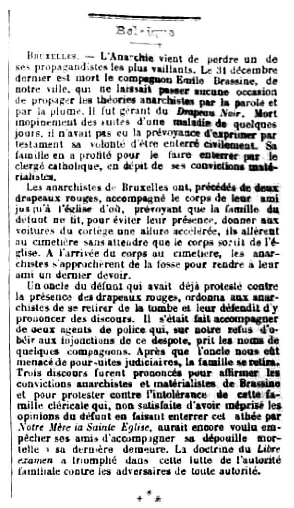 Notícia de la mort d'Émile Brassine apareguda en el periòdic parisenc "La Révolte" del 18 de gener de 1890