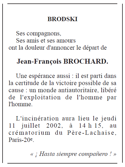 Nota necrològica publicada en el diari parisenc "Le Monde" de l'11 de juliol de 2002