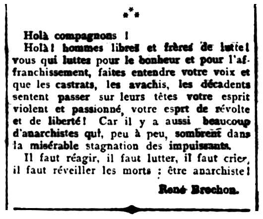 Nota de René Brochon publicada en el periòdic parisenc "Le Libertaire" del 5 de juliol de 1913