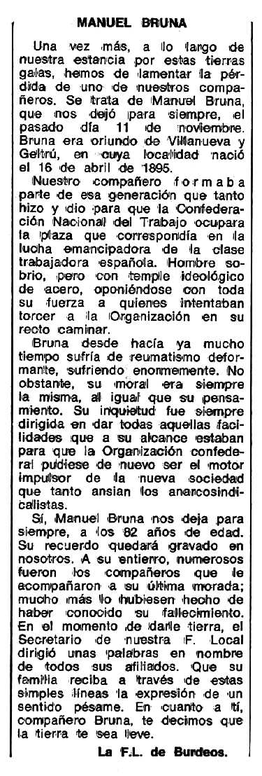 Necrològica de Manuel Bruna Artigas apareguda en el periòdic tolosà "Espoir" del 18 de desembre de 1977