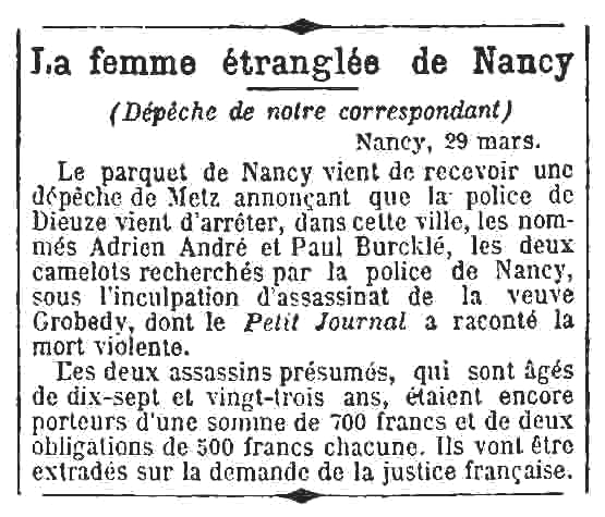 Notícia de la detenció de Paul Burcklé apareguda en el diari parisenc "Le Petit Journal" del 30 de gener de 1902