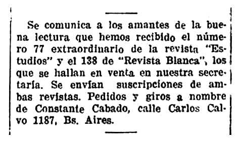 Notícia orgànica de Constante Cabado apareguda en el periòdic de Buenos Aires "La Protesta" del 29 de gener de 1930