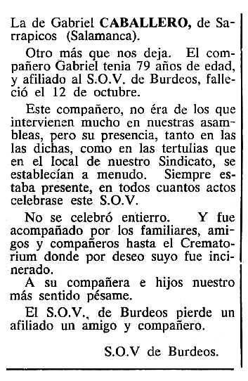 Necrològica de Gabriel Caballero Hernández publicada en el periòdic tolosà "Cenit" del 30 d'octubre de 1984
