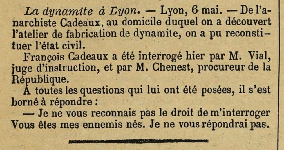 Notícia de la detenció de François Cadeaux publicada en el diari d'Épinal "Le Mémorial des Vosges" del 9 de maig de 1890