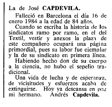 Necrològica de Josep Capdevila Puig apareguda en el periòdic tolosà "Cenit" del 26 de juny de 1984