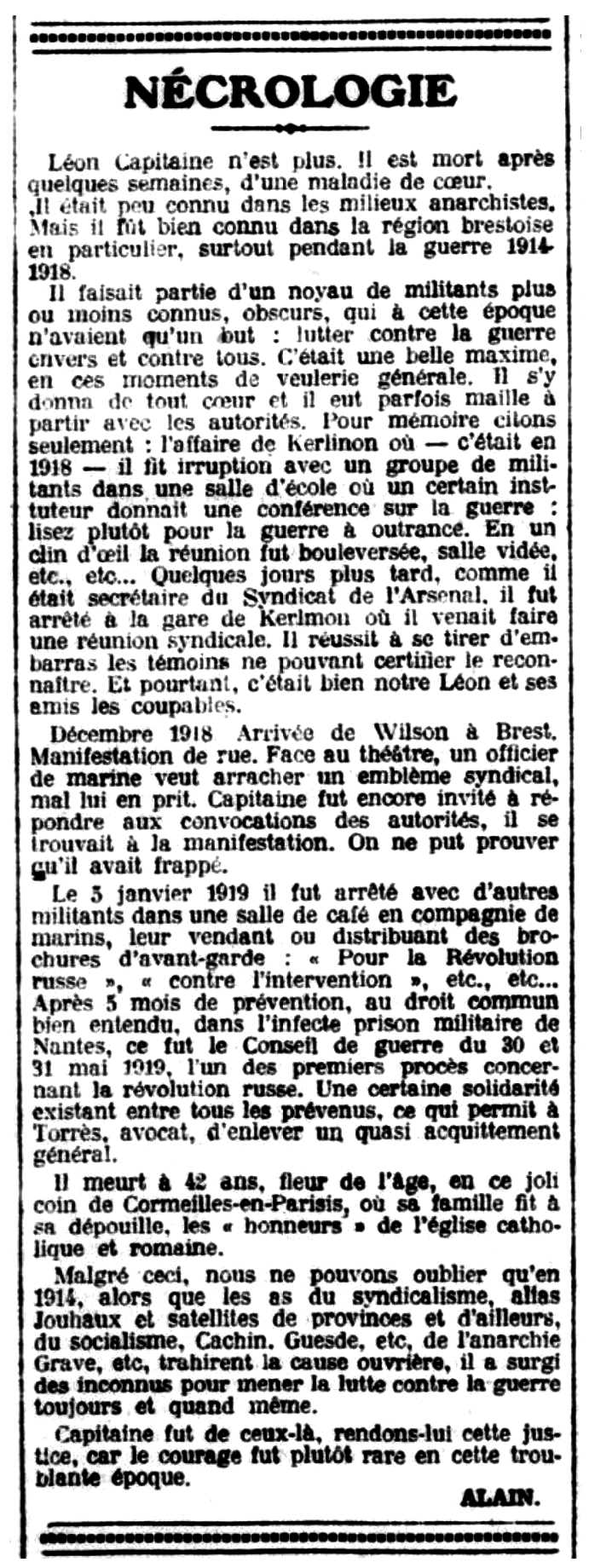 Necrològica de Léon Capitaine apareguda en el periòdic parisenc "Le Libertaire" del 15 de juny de 1928