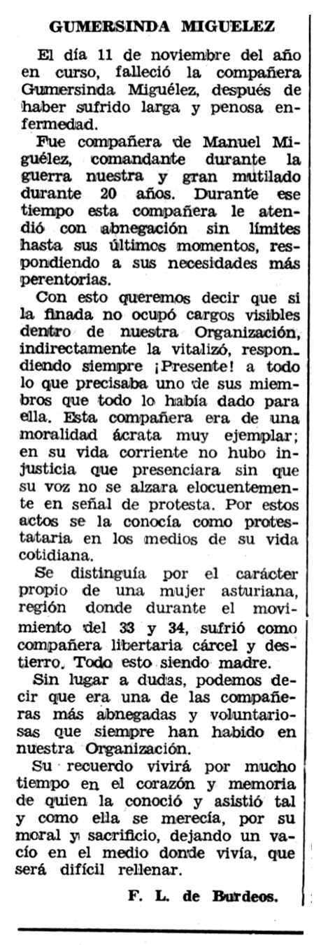 Necrol&ograve;gica de Gumersinda Carbajal Fern&aacute;ndez apareguda en el peri&ograve;dic "Espoir" del 20 de desembre de 1970