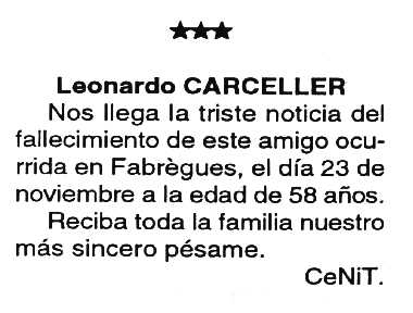 Nota necrològica de Lleonard Carceller Arbiol apareguda en el periòdic tolosà "Cenit" del 12 de gener de 1993