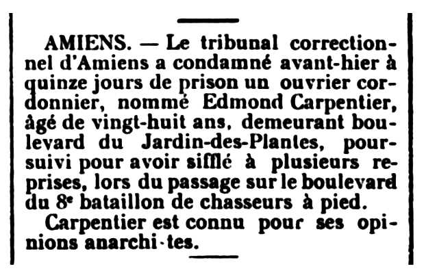 Notícia d'una de les condemnes d'Edmond Carpentier apareguda en el diari "Le Guetteur de Saint-Quentin et de l'Aisne" del 23 d'abril de 1901
