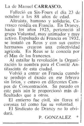 Necrològicca de Manuel Carrasco Moreno apareguda en el periòdic tolosà "Cenit" del 20 de desembre de 1983