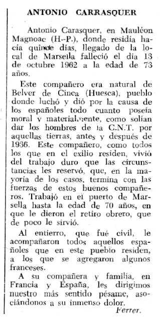 Necrol&ograve;gica d'Antonio Carrasquer Cano apareguda en el peri&ograve;dic tolos&agrave; "Espoir" del 10 de mar&ccedil; de 1963