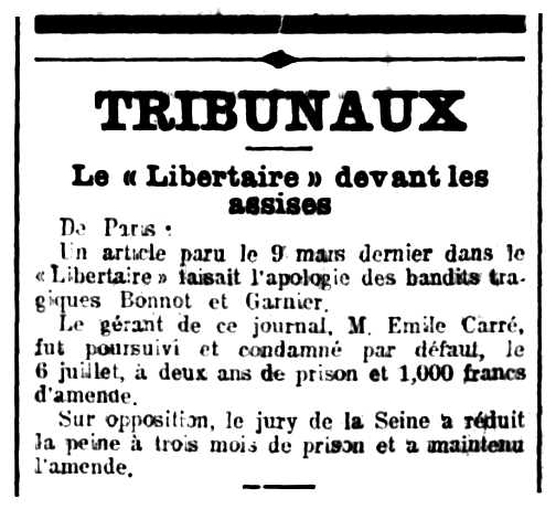 Notícia de la condemna d'Émile Carré apareguda en el diari de Reims "L'Indépendent Rénois" del 12 de setembre de 1912