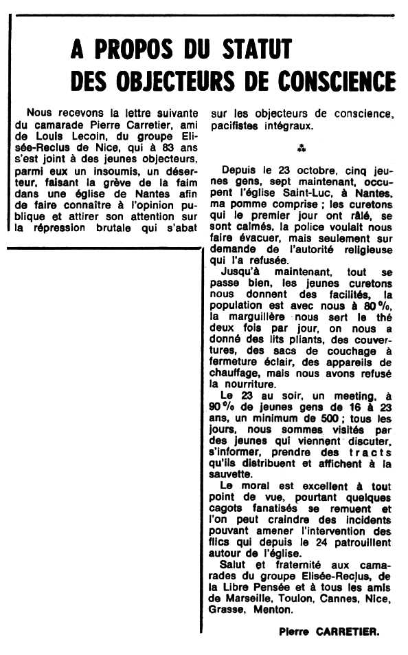 Carta de Pierre Carretier sobre objecció de consciència publicada en el periòdic tolosà "Espoir" del 28 de novembre de 1971