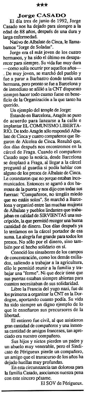 Necrol&ograve;gica de Jorge Casado Meler apareguda en el peri&ograve;dic tolos&agrave; "Cenit" del 15 de setembre de 1992