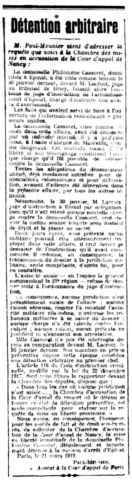 Notícia de l'empresonament de Philomène Cassoret apareguda en el diari parisenc "La Verité" del 29 de març de 1919