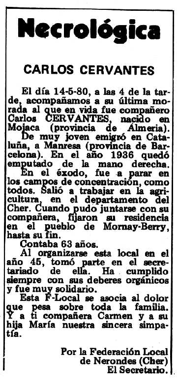 Necrològica de Carlos Cervantes Vicente apareguda en el periòdic tolosà "Espoir" del 22 de juny de 1980