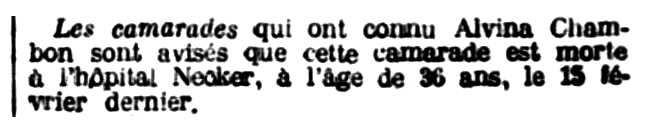 Nota sobre la mort d'Alvina Chambon publicada en el periòdic parisenc "Le Libertaire" del 23 de febrer de 1923