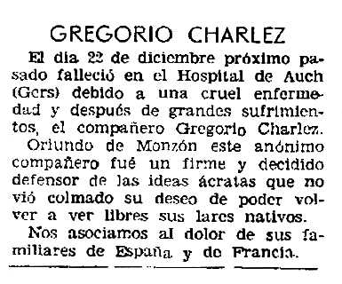 Necrològica de Gregorio Charlez Bastida apareguda en el periòdic parisenc "Solidaridad Obrera" del 12 de gener de 1961