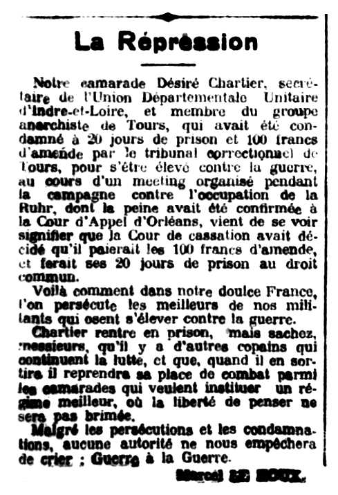 Notícia de la condemna de Désiré Chartier publicada en el periòdic parisenc "Le Libertaire" del 19 de gener de 1924