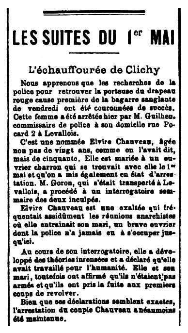 Notícia de la detenció d'Elvire Chauveau apareguda en el diari "L'Ordre de París" del 7 de maig de 1891