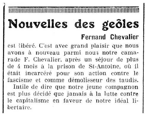Notícia de l'alliberament de Fernand Chevalier apareguda en el periòdic ginebrí "Le Réveil Anarchiste" del 4 de juliol de 1936