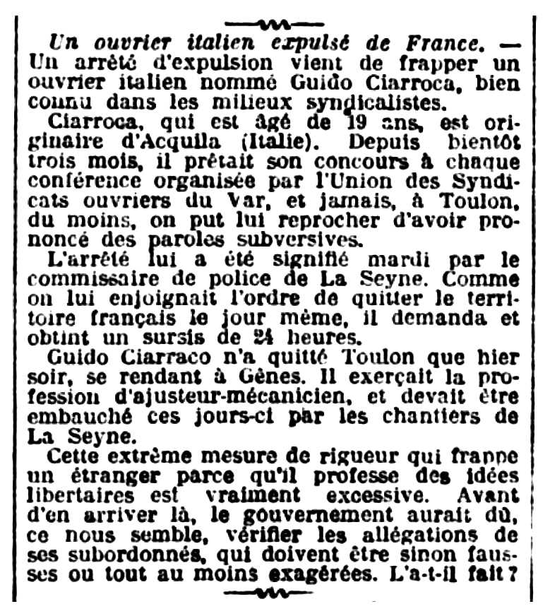 Noticia de l'expulsió de Guido Ciarrocca publicada en el diari marsellès "Le Petit Provençal" del 25 de juny de 1908