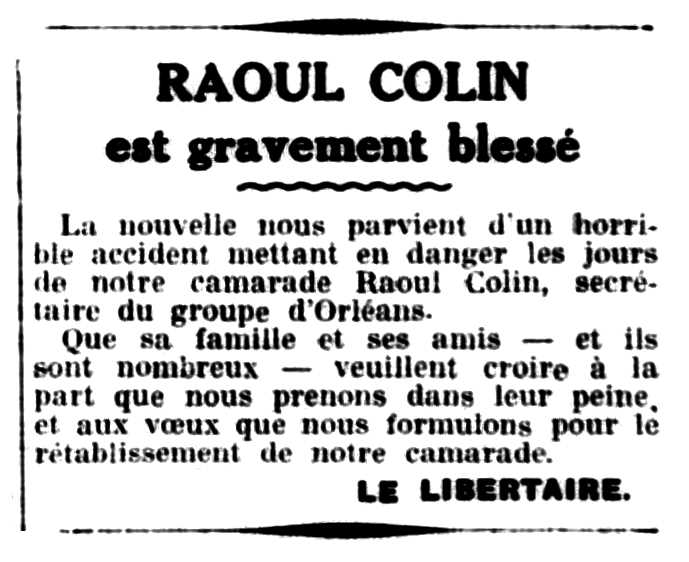 Notícia sobre l'accident de Raoul Colin apareguda en el periòdic "Le Libertaire" del 29 de novembre de 1930