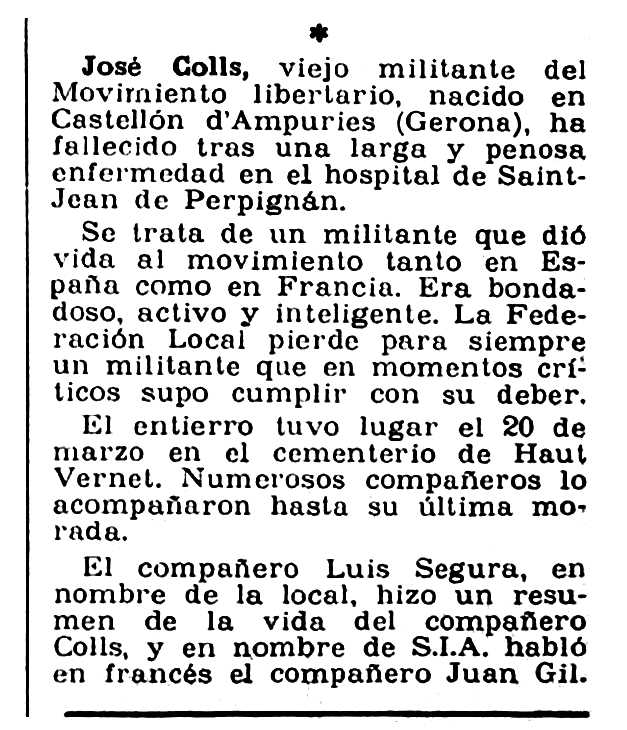 Necrològica de Josep Colls Villalonga apareguda en el periòdic tolosà "CNT" de l'1 de maig de 1955