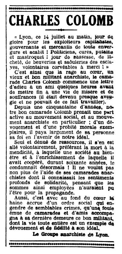 Necrològica de Charles Colomb apareguda en el periòdic parisenc "Le Libertaire" del 3 d'agost de 1928