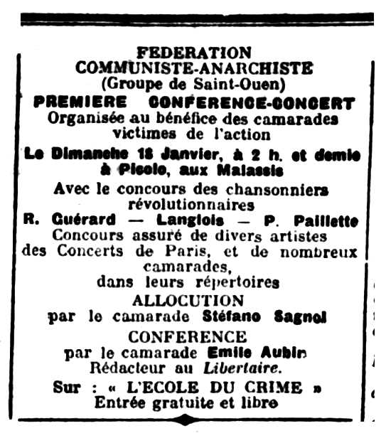 Convocatòria de l'acte apareguda en el periòdic parisenc "Le Libertaire" del 18 de gener de 1913