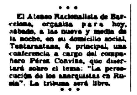 Convocatòria de la conferència apareguda en el diari barcelí "Solidaridad Obrera" del 4 de març de 1933