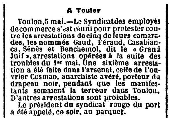 Notícia sobre la detenció d'Émile Cosmao apareguda en el diari d'Angers "Le Petit Courrier" del 7 de maig de 1905