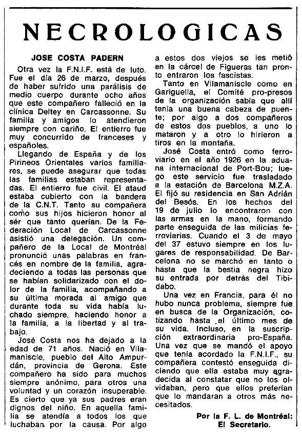 Necrològica de Josep Costa Vilà publicada en el periòdic tolosà "Espoir" del 31 d'octubre de 1971