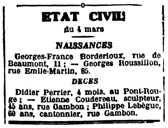 Nota necrològica d'Étienne Coudereau apareguda en el diari de Bourges "Centre-Express" del 5 de març de 1929