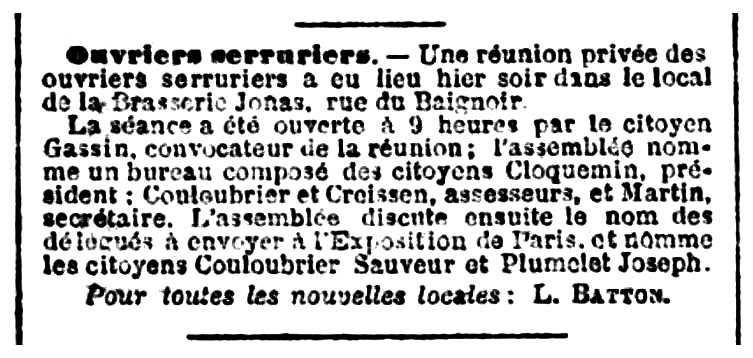 Notícia orgànica de Saveur Couloubrier apareguda en el periòdic marsellès "Le Jeune République" del 4 d'abril de 1878
