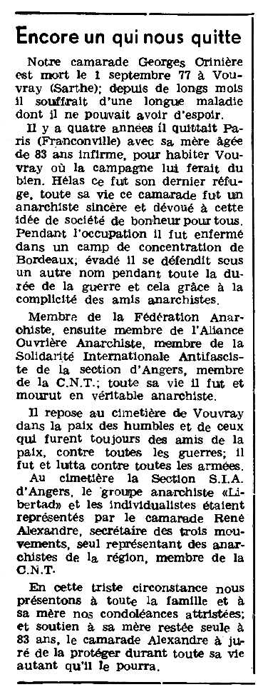 Necrològica de Georges Crinière apareguda en el periòdic parisenc "Le Combat Syndicaliste" del 6 d'octubre de 1977