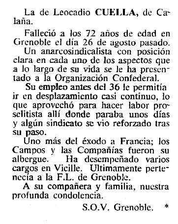 Necrològica de Leocadio Cuella Domínguez apareguda en el periòdic tolosà "Cenit" del 17 de gener de 1984