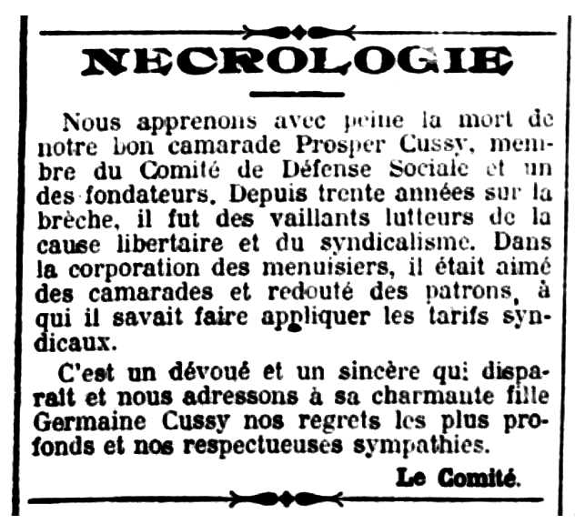 Nota necrològica de Prosper Cussy apareguda en el periòdic parisenc "Le Libertaire" del 30 de desembre de 1924