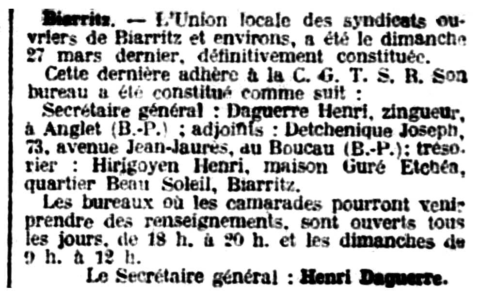 Notícia orgànica d'Henri Daguerre apareguda en el periòdic parisenc "Le Libertaire" de l'1 d'abril de 1927