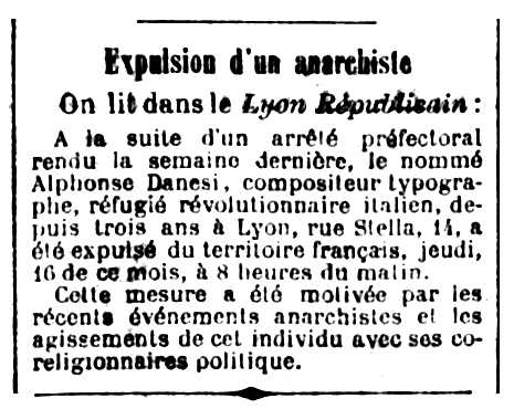 Not&iacute;cia de l'expulsi&oacute; d'Alfonso Danesi publicada en el diari de Dijon "Le Progr&egrave;s de la C&ocirc;te-d'Or" del 20 de novembre de 1882